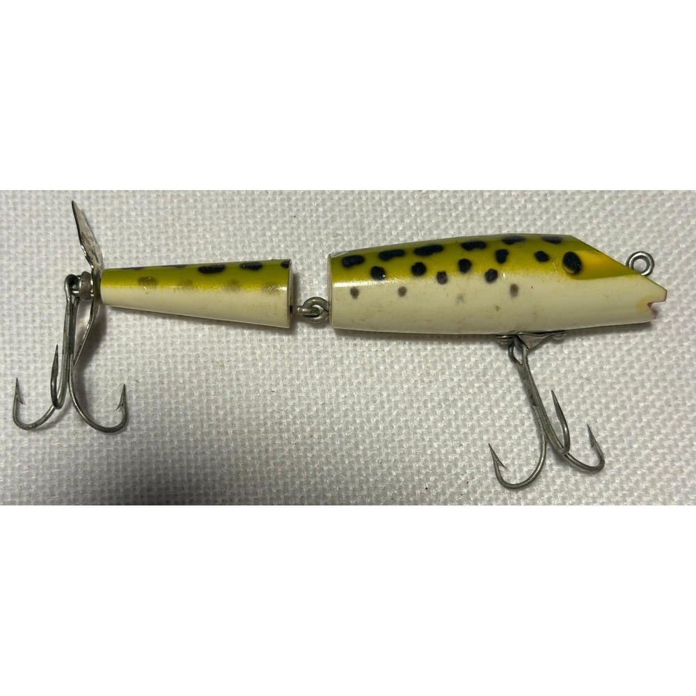Vintage Jointed Wood Fishing Lure Yellow Green Spotted Propeller Bait NB042
